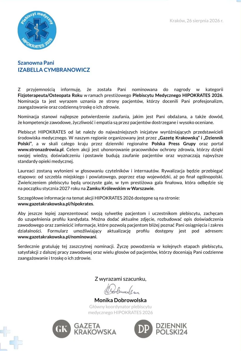 Nominacja Izabella Cymbranowicz Plebiscyt Medyczny Hipokrates 2026 Gazeta Krakowska Valeris